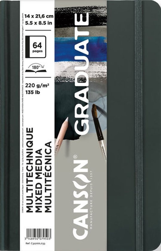 Canson TEKENBOEK GENAAID LANGE ZIJDE CANSON® GRADUATE GRIJS MIXED MEDIA 32 VEL 14X21,6 220G PORTRET
